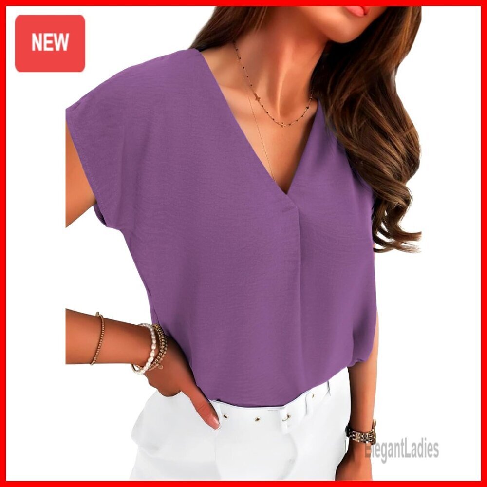 V-Neck Chiffon Blouse Cap Sleeve Loose Fit Work Casual Top